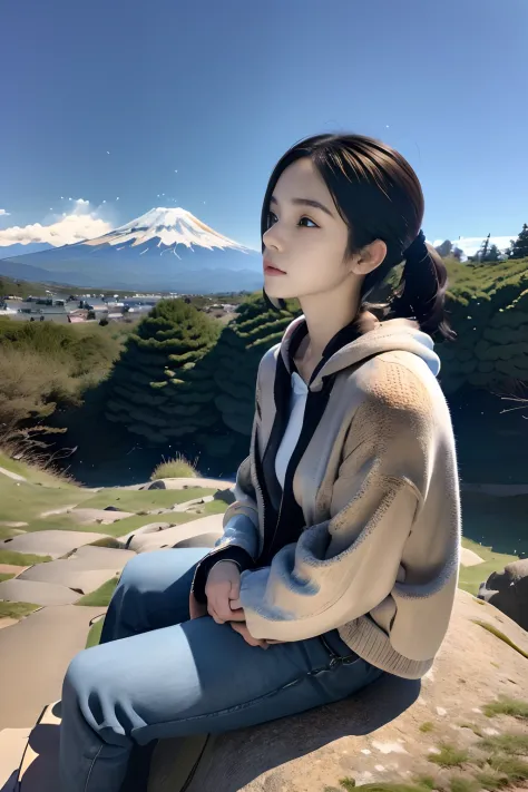top-quality、masuter piece、ultra-detailliert、8ｋ、独奏、parfect anatomy、sixteen years old、(((Girl sitting on a huge rock looking at the sky、up looking_Away:1.2、Looking at the sky)))、From Side、knit hat、Greyprint Hoodie、Straight Old Denim、bare-legged、Night、starrys...