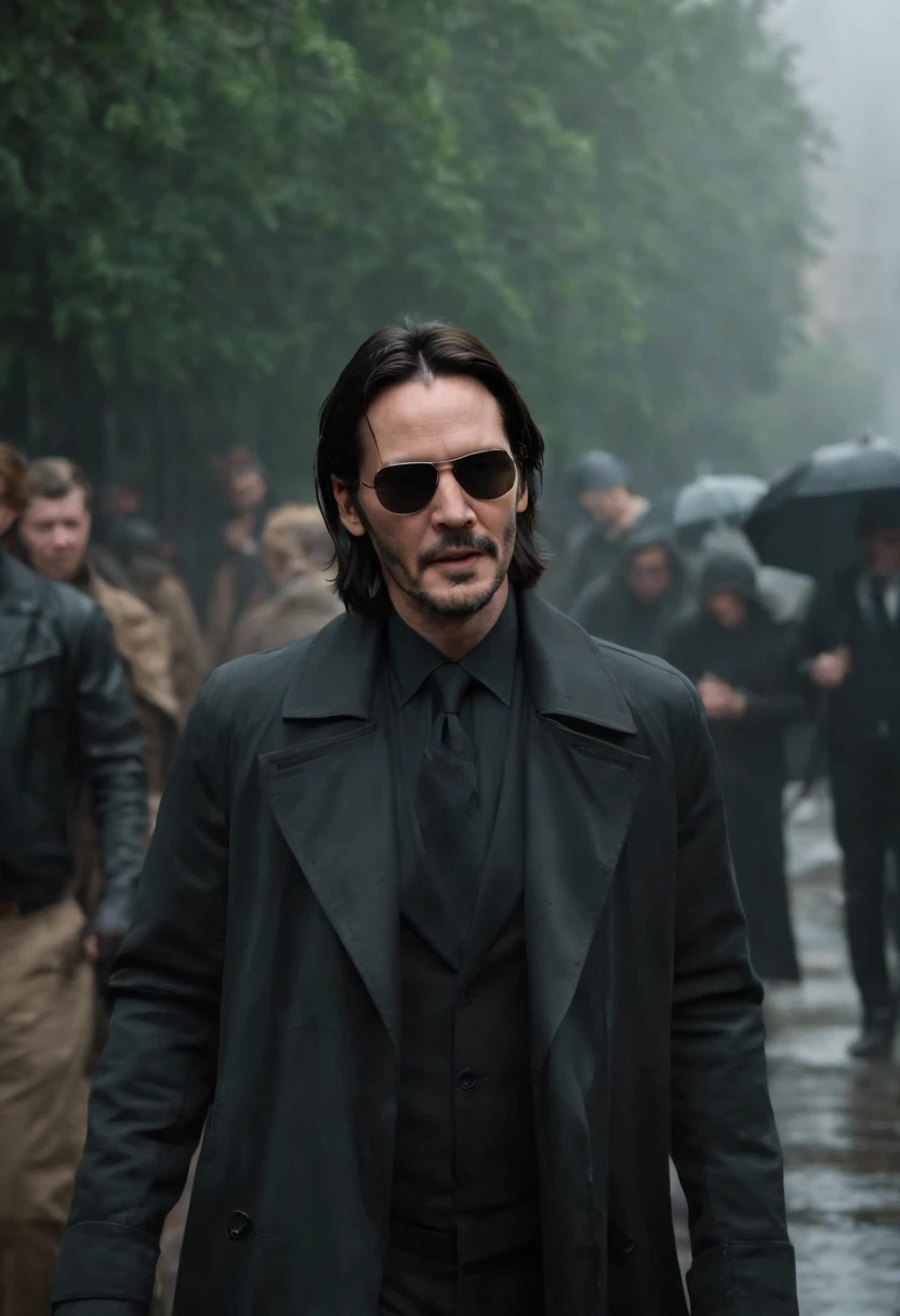 Keanu Reeves，Wears a long black trench coat，With sunglasses，heavy rain，Ready to take off，Dark green color scheme，Surrounded by a lot of agents in black suits，Cyberpunk Style