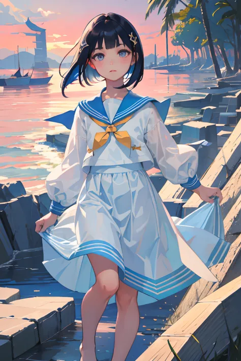 wariza，（​masterpiece，Highest Quality），(child)，((Light blue sailor suit，long  skirt))，(A dark-haired，Medium bob)，Light pink eyes，embarrassed from，sleepy expression，Delicate body，School