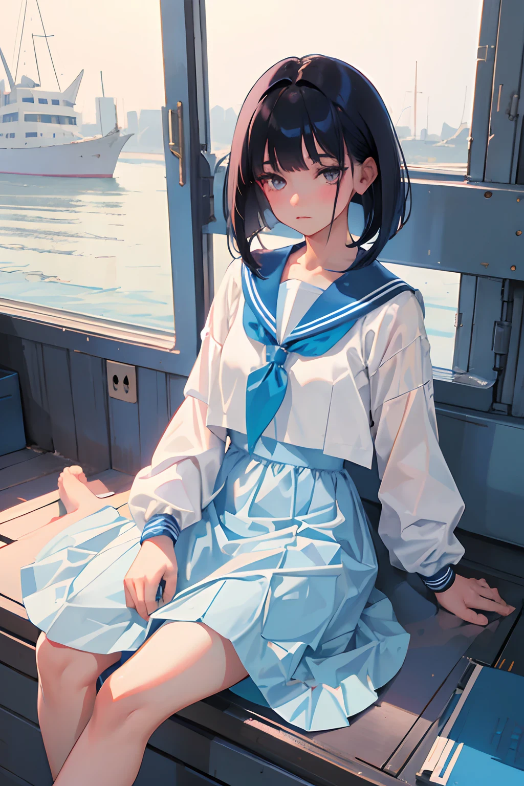 wariza，（​masterpiece，Highest Quality），(child)，((Light blue sailor suit，long  skirt))，(A dark-haired，Medium bob)，Light pink eyes，embarrassed from，sleepy expression，Delicate body，School