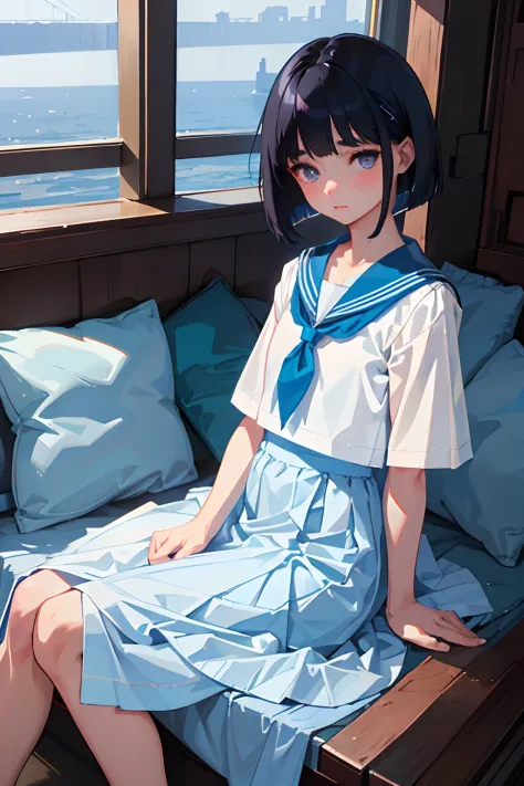 wariza，（​masterpiece，Highest Quality），(child)，((Light blue sailor suit，long  skirt))，(A dark-haired，Medium bob)，Light pink eyes，embarrassed from，sleepy expression，Delicate body，School