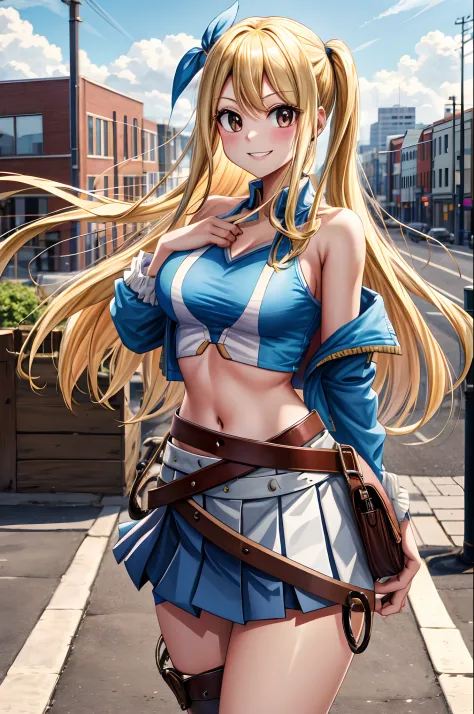 masterpiece, best quality, highres, lucy heartfilia, blonde hair, long hair, large breasts, jacket, crop top, bare shoulder, sho...