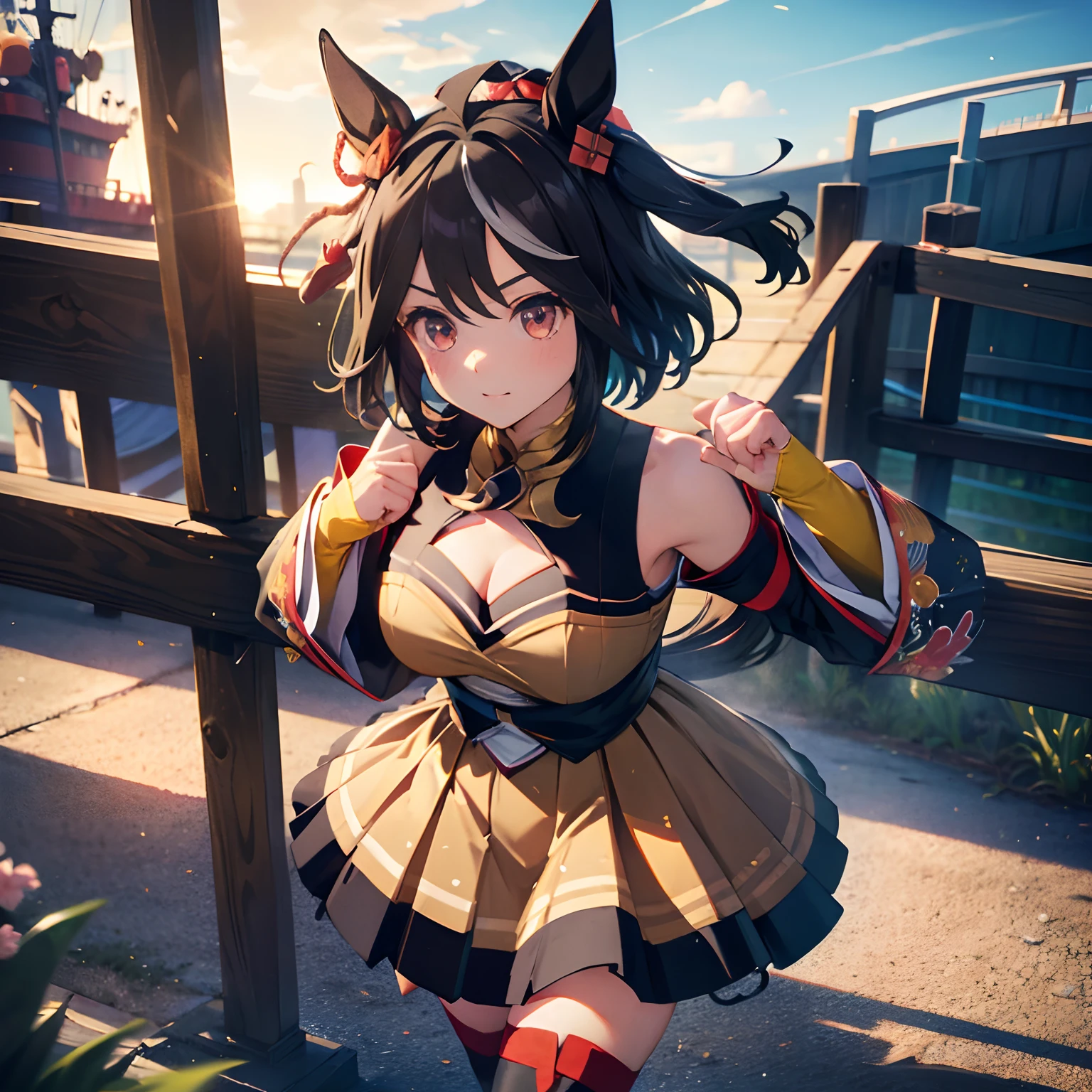 「​masterpiece,top-quality,a closeup,Face Shots,kitasan black_(Umamusume), 1girl in,Animal ears ,Horse ears ,Horse Girl ,Horse tail,masutepiece, Best Quality,Hair Ribbon, Hair Ornament, Fingerless gloves, yellow gloves, Komono, Long sleeves, Wide sleeves, Detached sleeves, Bare shoulders, Clothes Cutout, cleavage cutout, Kohaku ship, Brown skirt, Pleated skirt, zettai ryouiki, black thighhighs, Sandals, red footwear, 」