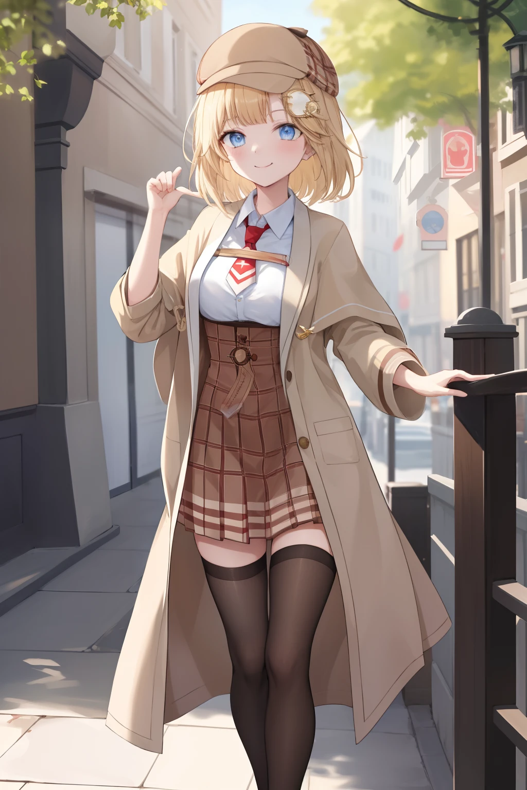 2d, masterpiece, best quality, anime, highly detailed, full body, 1girl, solo, amelia_detective, collared shirt, red necktie, plaid skirt, thighhighs, monocle hair ornament, light brown detective robes, standing, light brown detective robe, stetoscope, smile, straight-on, outdoor, sunlight, day, wear detective caps