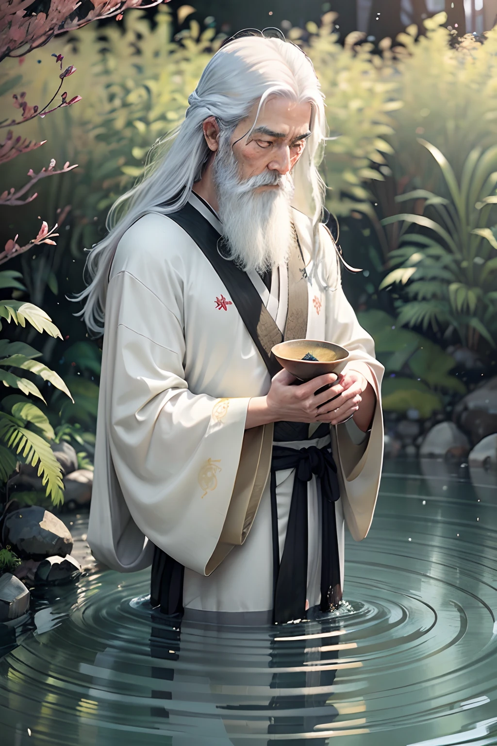Capture cinematic masterpieces featuring ancient Japanese sages at 8K frames. The sage stands in a peaceful Japanese garden, Condensing the wisdom of the years. His long, A flowing white beard and hair poured down gracefully, Embodies the passage of time. **composition:** - Sage is located in front and middle, Bathed in the soft, The warm glow of the setting sun. The cinematic lighting emphasizes the depth of his character and the wisdom engraved in the characters. - His eyes, Deep contemplation, Tell a story full of knowledge and experience for a lifetime. - The saint wears gorgeous clothes, Colorful kimono, Intricate decoration of traditional patterns，Hint at his wisdom and status. - His hand clenched gently, Holding a traditional Japanese staff, A symbol of saints. - Around the Saints, The garden is lush, serenebackground, Meticulously maintained bonsai trees and tranquil koi ponds, Reflecting the beauty of the natural world that he cherished. - 8K resolution reveals the most nuanced differences in his features, From the single strands of his long hair to the intricate embroidery on his kimono. - Cinematic lighting creates game shadows and highlights, Emphasize the presence of the saint and the depth of the scene. - The image captures a quiet moment of contemplation, The saint exudes serenity and a sense of inner peace. This image tip is designed to evoke a deep awe and appreciation for the wisdom and beauty of Japanese culture, Condensed in the personalities of ancient saints.