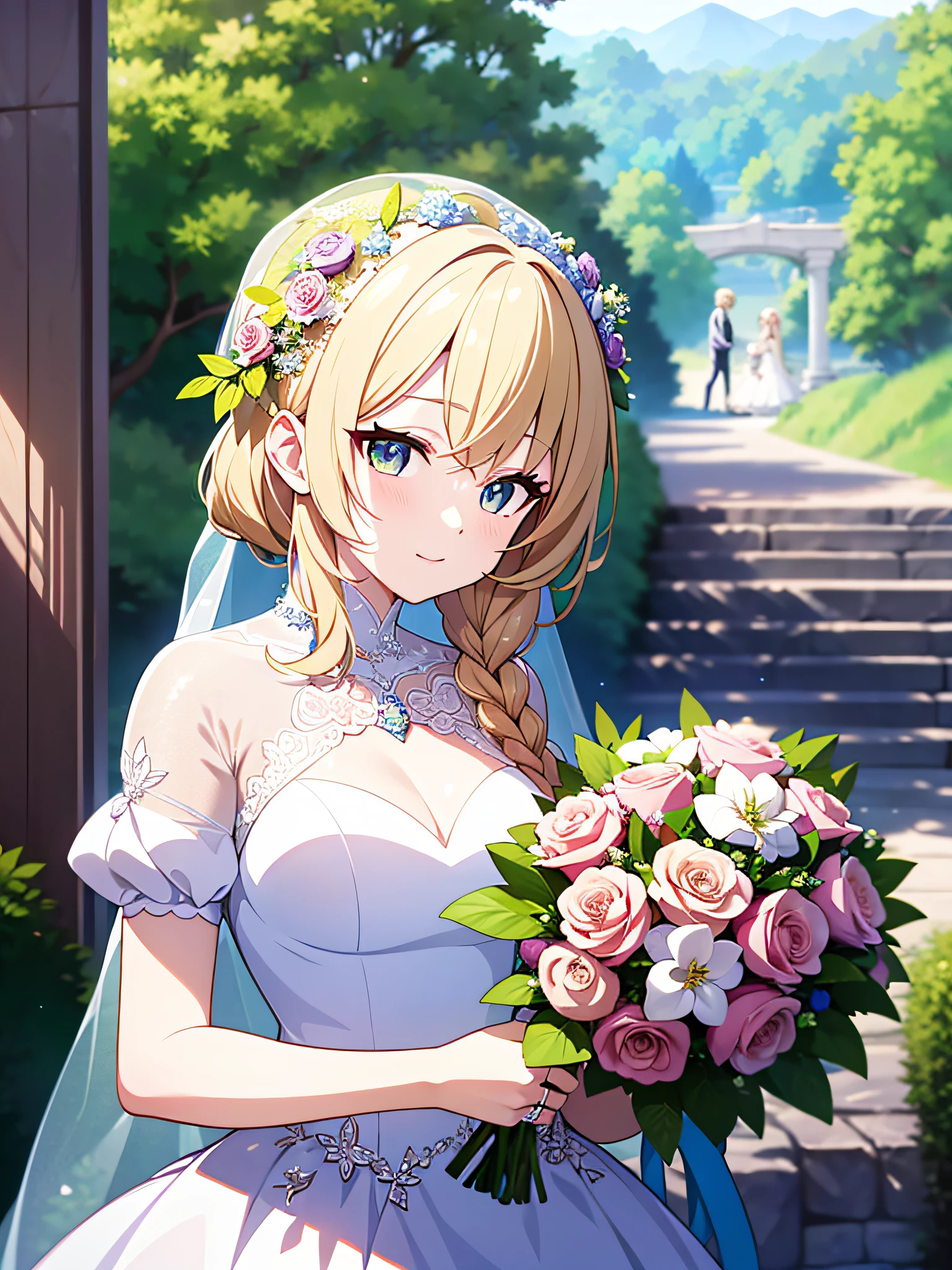 in 8K、top-quality、​masterpiece、ultra-detailliert、Ultra-high resolution、Anime style、a blond、Braided hair、weddingdress、Wedding bouquet