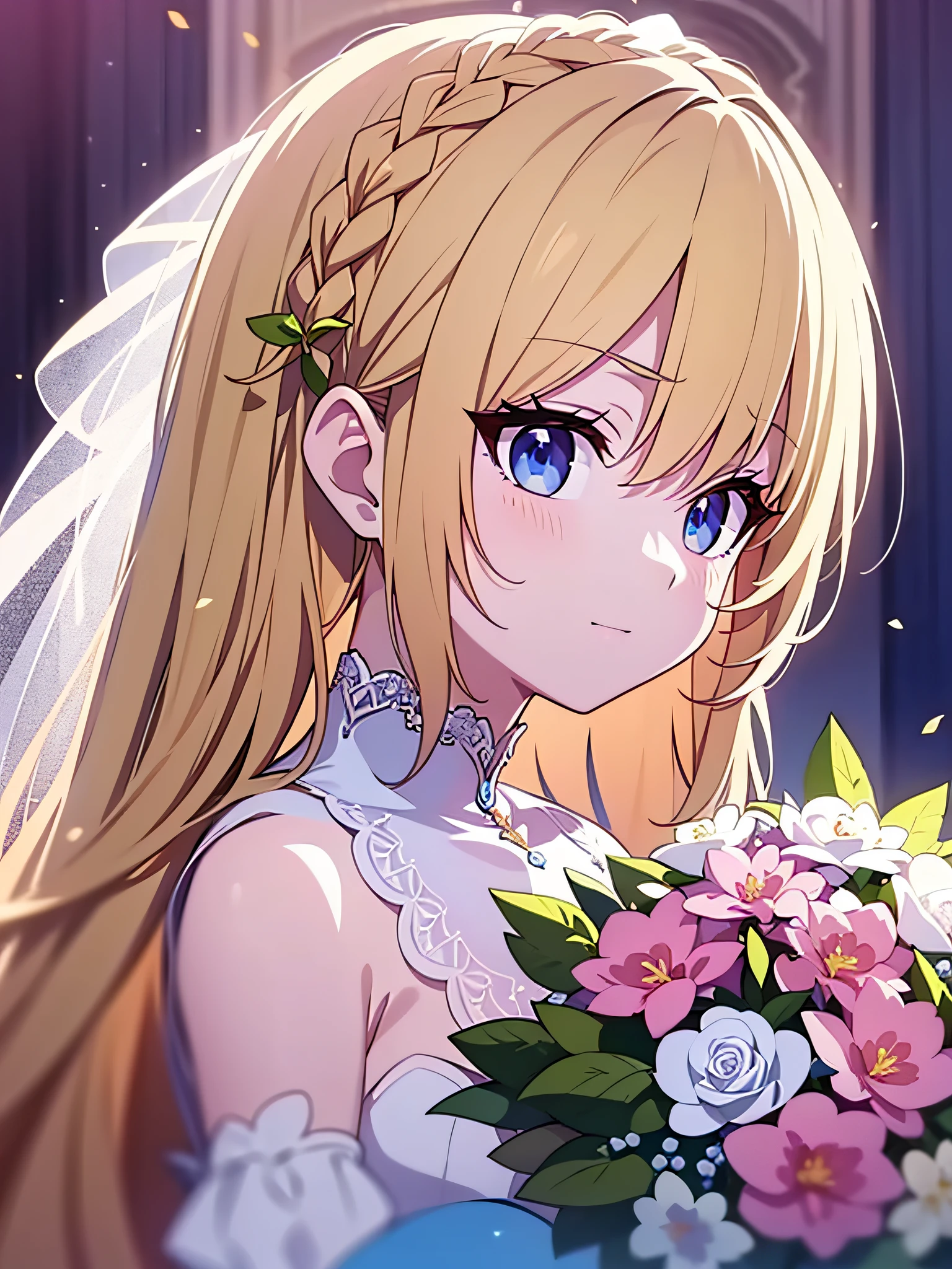 in 8K、top-quality、​masterpiece、ultra-detailliert、Ultra-high resolution、Anime style、a blond、Braided hair、weddingdress、Wedding bouquet