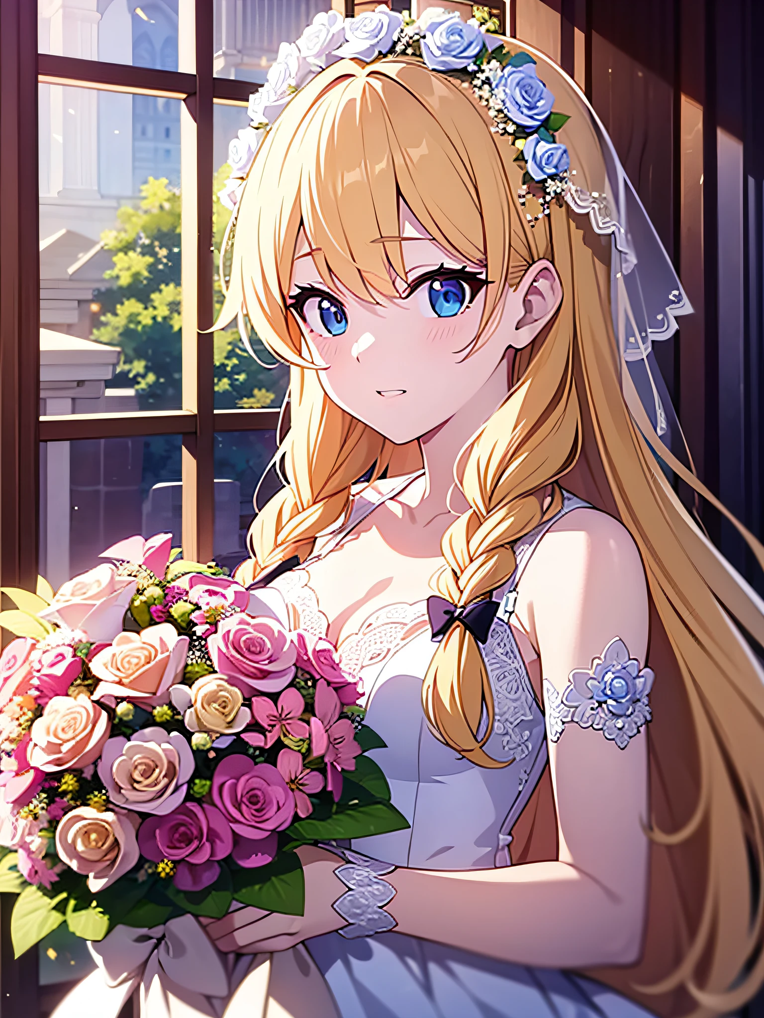 in 8K、top-quality、​masterpiece、ultra-detailliert、Ultra-high resolution、Anime style、a blond、Braided hair、weddingdress、Wedding bouquet