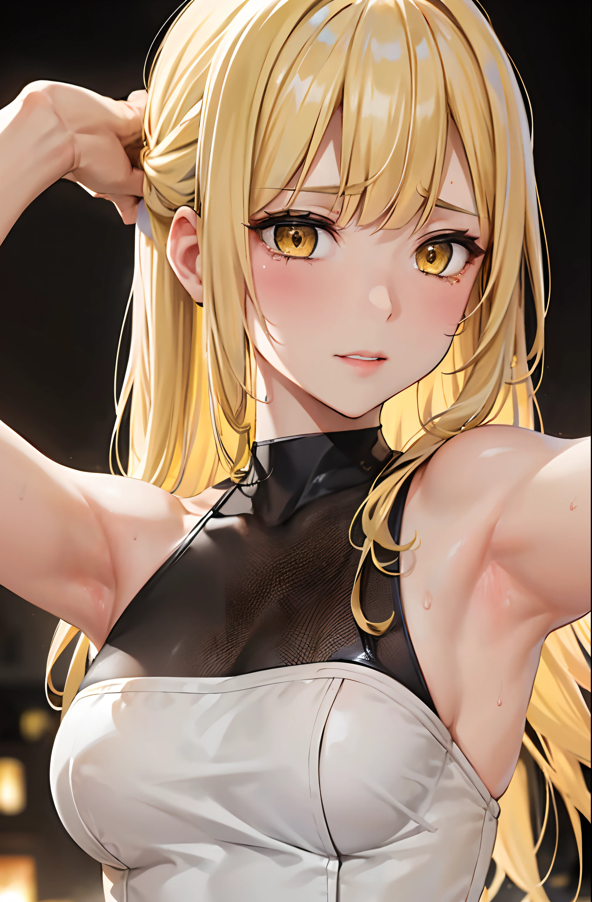 (Behind Wallenstein,Yellow hair,Long hair,Yellow eyes ),Detailed Focus:1.3, masutepiece, Best Quality, 1womanl,Woman taken from the side,Slender face,slender physique, Looking at Viewer, Cute, medium breasts, Beautiful detailed eyes, embarrassed:04,is crying:0.9,with arms up,Armpit, full of sweat,(Armpit close-up:1.5), robe blanche,Late night toilet background, ((mistress, Authority)),Black Dress