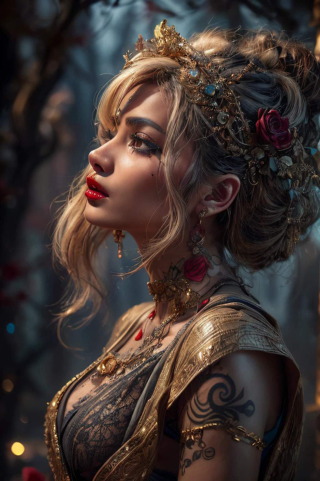 1 CHARACTER, 1 Indian GIRL with saree, dark night, kind person, ROSE ,dark design, (masterpiece, top quality, best quality, official art, beautiful and aesthetic:1.2), , extreme detailed,(fractal art:1.3), entangle ,colorful ,highest detailed,(A sexy woman in dress, A beautiful babe ,sex slave, ),(sex pose, erotic design , erotic face, erotic pose),(small , golden hair , big eyes, sexy eyes body covered with tattoo, red lips, sexy lips, sexy face, hand tattoo, leg tattoo, chest tattoo , sexy hip, beautiful hip, big hip,), (wearing sex slave accessory ,golden accessory, Slave bracelet, bracelet, , magical forest,(((masterpiece))), (((best quality))), ((ultra-detailed)),(highly detailed CG illustration) ((an extremely delicate and beautiful)),cinematic light, delicate hands