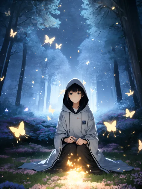 takehiko inoue, kawacy, bokeh, unreal engine 5, A hooded woman, butterfly, at the galactic forest, fireflies, flowers, petals, w...