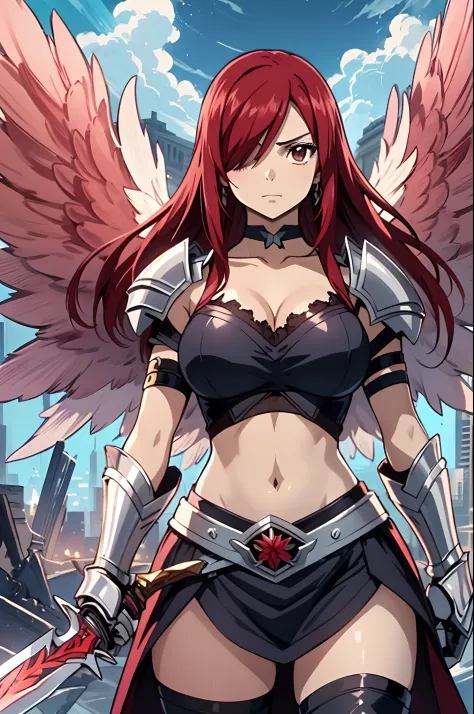 1girl, solo, erza scarlet, fairy tail, red hair, brown eyes, breasts, weapon, sword, holding, long hair, armor, , hair over one eye, dual wielding, wings, large breasts, midriff, choker, looking at viewer, gauntlets, holding weapon, holding sword,full body