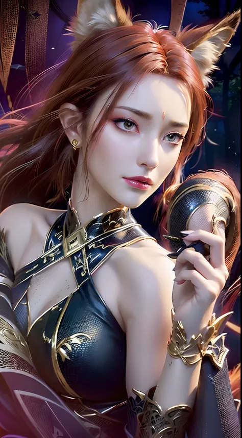 a beautiful sexy young woman as a fox,a powerful fox girl,((wearing a golden majestic armor)),((she has fo ears)),((cute face)),...