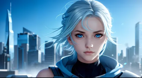jett valorant, focused upper body, 1 girl, wearing blue ninja outfit, sparkling blue eyes, silver hair, highrise building background, nice perfect face with soft skin, intricate detail, 8k resolution, masterpiece, 8k resolution photorealistic masterpiece, ...
