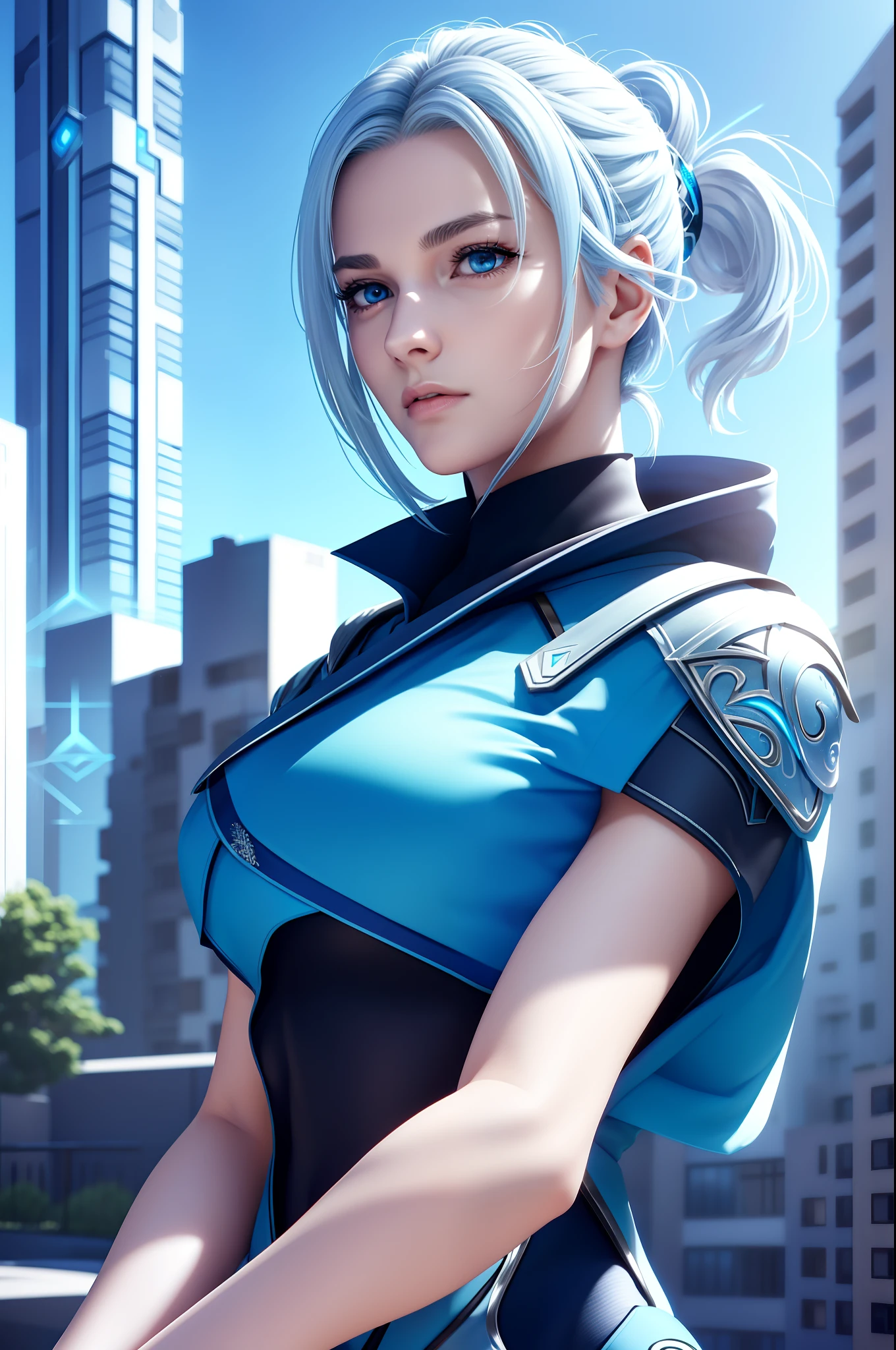 jett valorant, focused upper body, 1 girl, wearing blue ninja outfit, sparkling blue eyes, silver hair, highrise building background, nice perfect face with soft skin, intricate detail, 8k resolution, masterpiece, 8k resolution photorealistic masterpiece, professional photography, natural lighting, detailed texture,