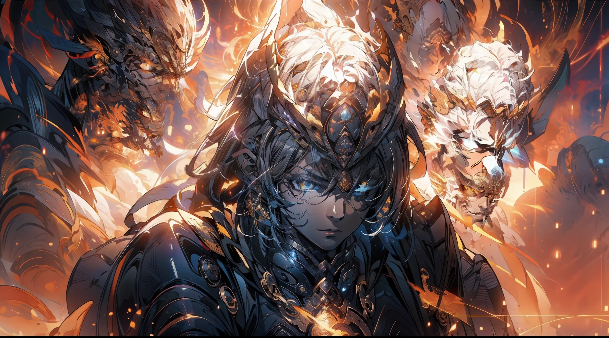 make：1.2），best qualtiy，terroral，The demons，Black mist，big dragon，It emits a cold light, Surrounded by flames and lightning particles. The woman wears black and blue intersecting armor,The majestic gesture and surroundings are butterflies. Lightning surged around them, creating an opulent atmosphere. The image is in high definition，Capture the highlights of this epic battle.