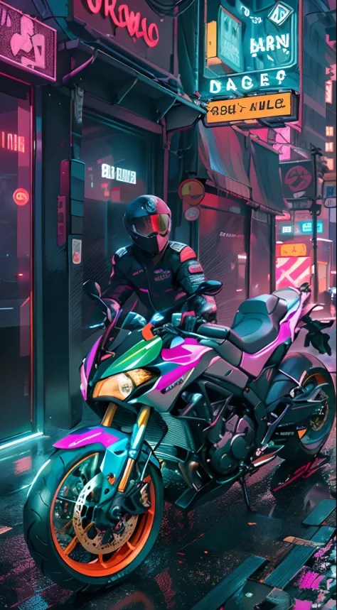 masterpiece, best quality, motorcycle, bold colors and patterns, eye-catching accessories, Cyberpunk dazzling cityscape, skyscrapers, neon signs, LED lights, bright and vivid color scheme, illustration, detailed texture, intricate details, ultra detailed.