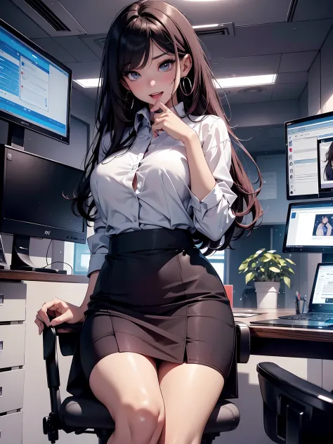 ​masterpiece、High resolution 8K、NSFW、foco nítido、Contrast lighting、Detailed skin、masutepiece、 top-quality、The ultra -The high-definition、超A high resolution、extremely details CG、stock exchange、Large office room、Large number of large monitors、Computer on des...