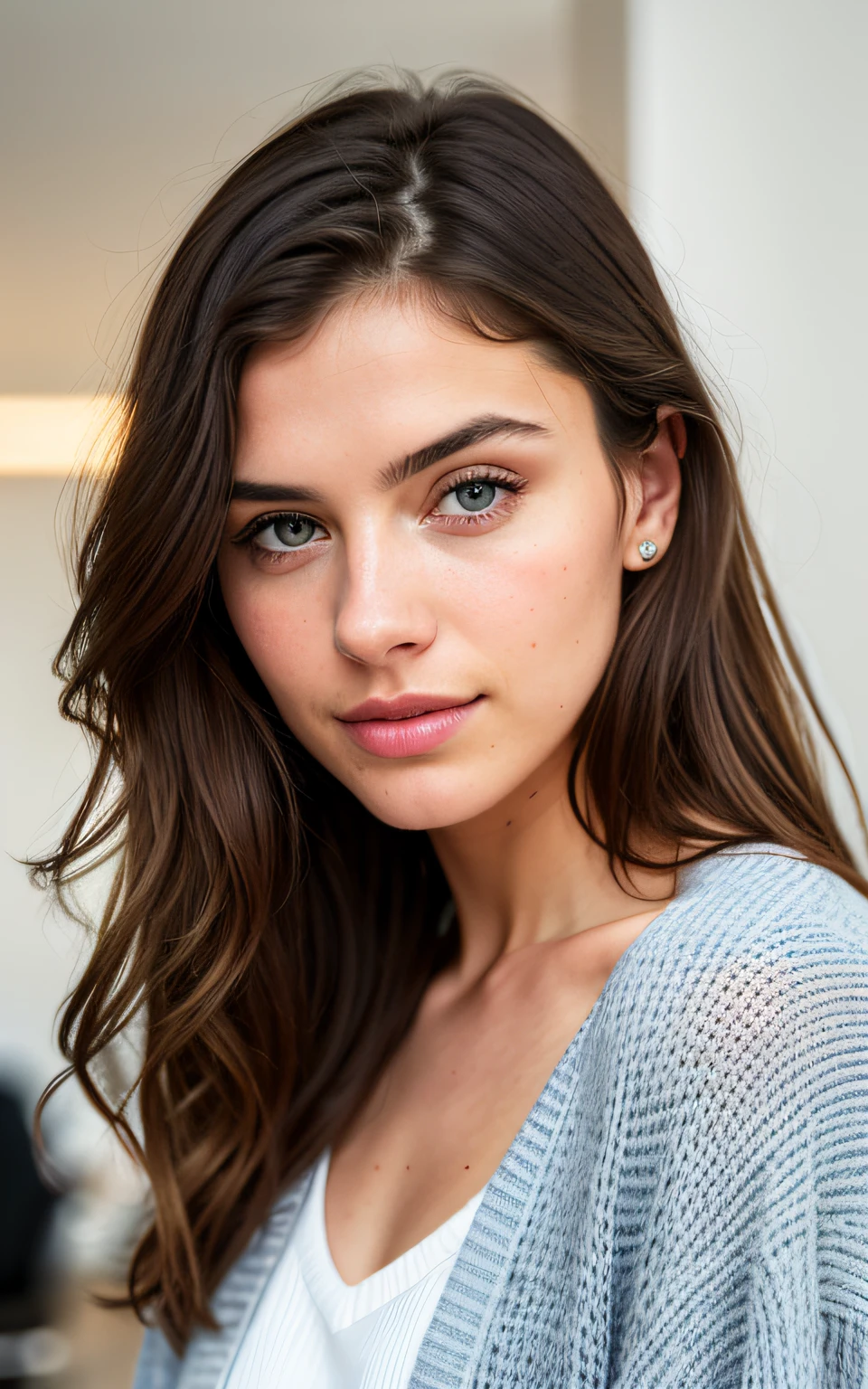 beautiful brunette wearing light beige sweater (taking care of nails in a modern beauty salon), very detailed, 21 years old, innocent face, natural wavy hair, blue eyes, high resolution, masterpiece, best quality, intricate details, highly detailed, sharp focus, detailed skin, realistic skin texture, texture, detailed eyes, professional, 4k, charming smile, shot on Canon, 85mm, shallow depth of field,  kodak vision color, perfect fit body, extremely detailed, foto_\(ultra\), photorealistic, realistic, post-processing, maximum detail, roughness, real life, ultra realistic, photorealism, photography, 8k uhd, photography