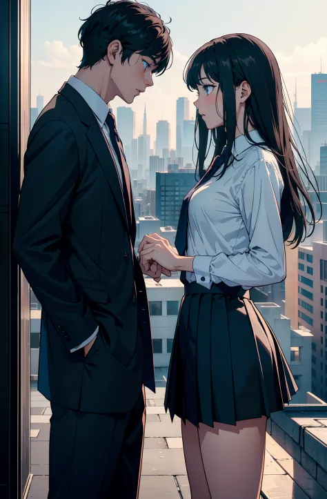 （top-quality、​masterpiece、8K）On the rooftop　A man confesses his love to a woman　Women are surprised　Blue eyes　A dark-haired　high...