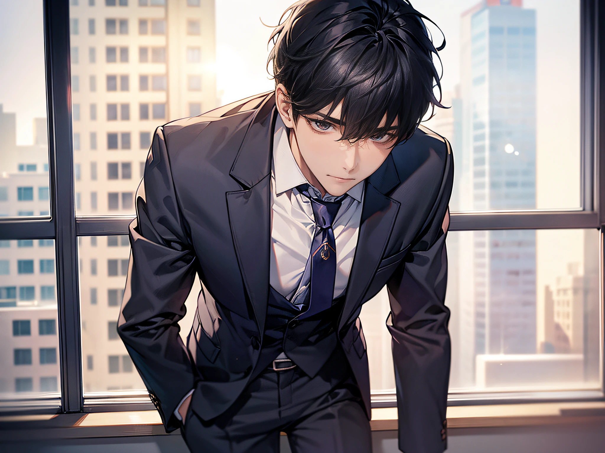 Anime man in suit leaning against window with city view - SeaArt AI