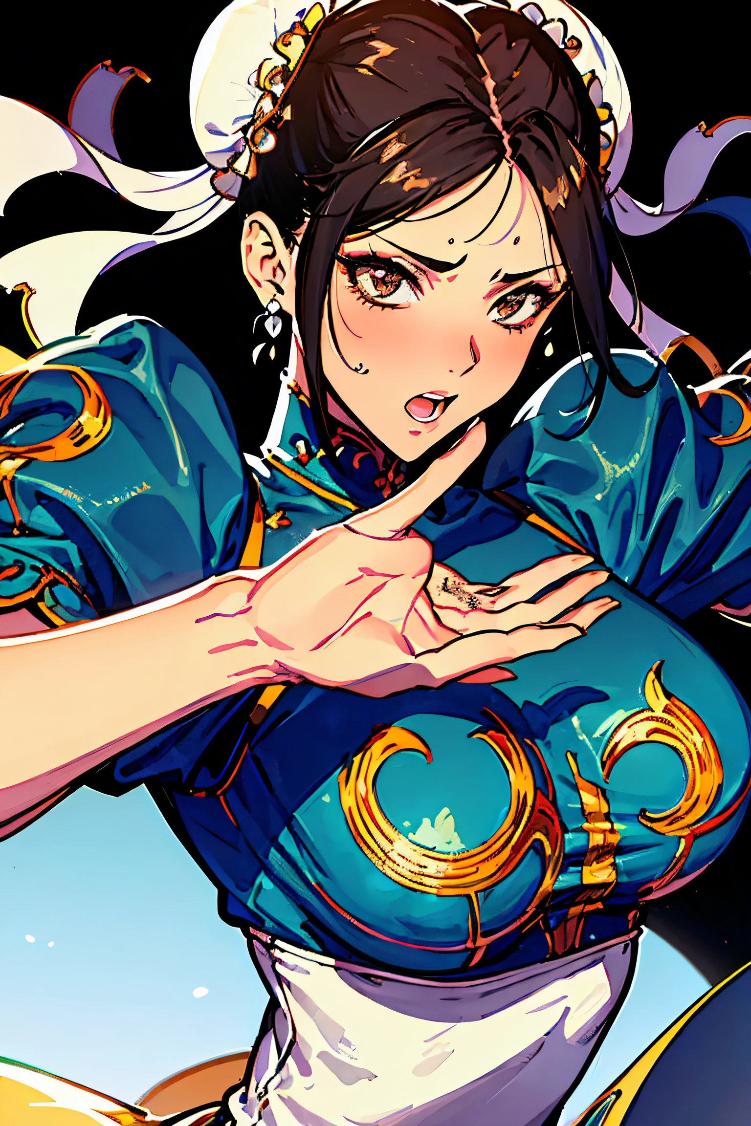 greatest masterpiece, ultra quality, In ultra detail, ultra high res, Illustration, dim lighting, photo, 8k, 1girl, tremendously beautiful and cute, Sweaty skin,(orgasm, shy), chunli
