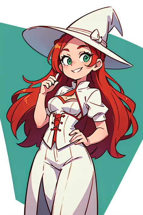 A  girl, white corset, redhead hair, green colored eyes, White Hat, ssmile ,whitebackground, full length