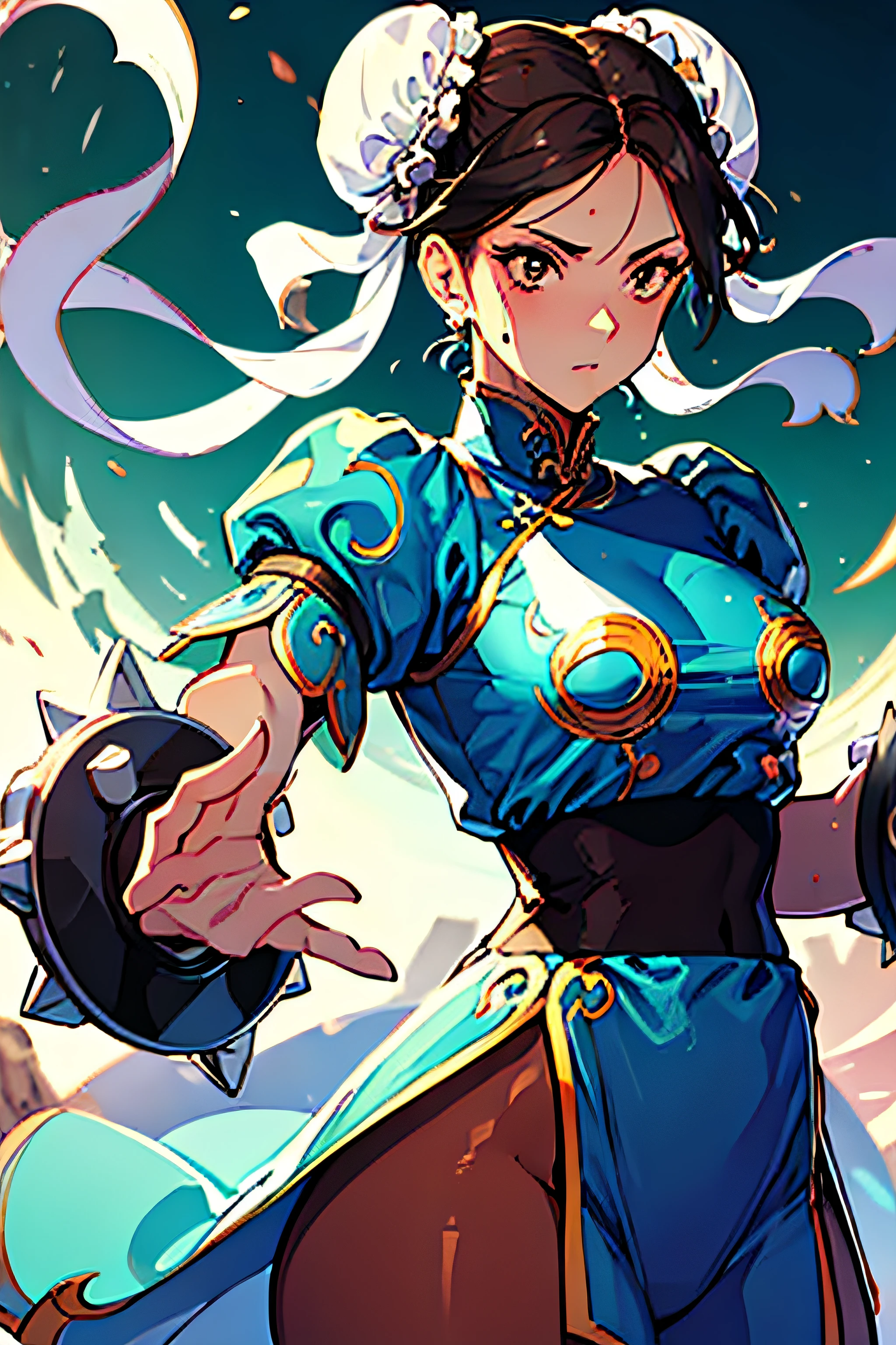 The best masterpieces, ultra-quality, ultra-detailliert, 超A high resolution, Illustration, Dim lighting, Photo, 8K, 1girl in, Outrageously beautiful and cute, Sweaty skin,(, Shy), ChunLi