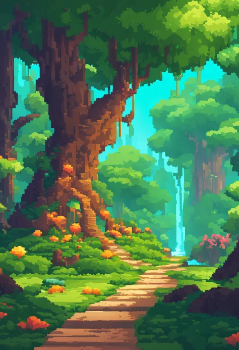 Imagine a pixelated 2D scenario of an enchanted forest, with tall trees, flores coloridas e um rio serpenteando pelo meio. Crie essa imagem em pixel art, utilizando cores vibrantes e detalhes encantadores.”