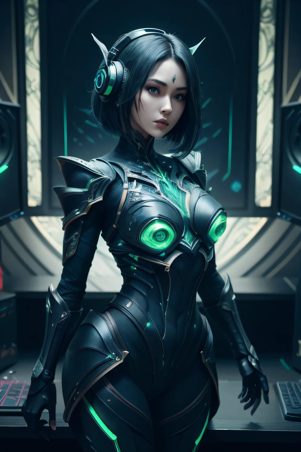 beautiful japanese young woman, extreme detailed, bodysuit, gloves, belt, thigh boots, (valorantViper:1.2), bodysuit, gloves, belt, thigh boots, respirator, looking at viewer, face, portrait, close-up, green, slender, (combat ready stance), (tactical outfit), (solo character), (gaming theme:1.5), short hair, green, (black hair), (milittary gear), (gas mask:0.4), (poisonous green:1.2), (glowing effects),