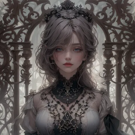 Official Art, Unity 8k wallpaper, super detailed, beautiful, beautiful, masterpiece, best quality,
darkness, atmosphere, mystery, romanticism, creepy, literature, art, fashion, victorian, decoration, intricacies, ironwork, lace, contemplation, emotional de...