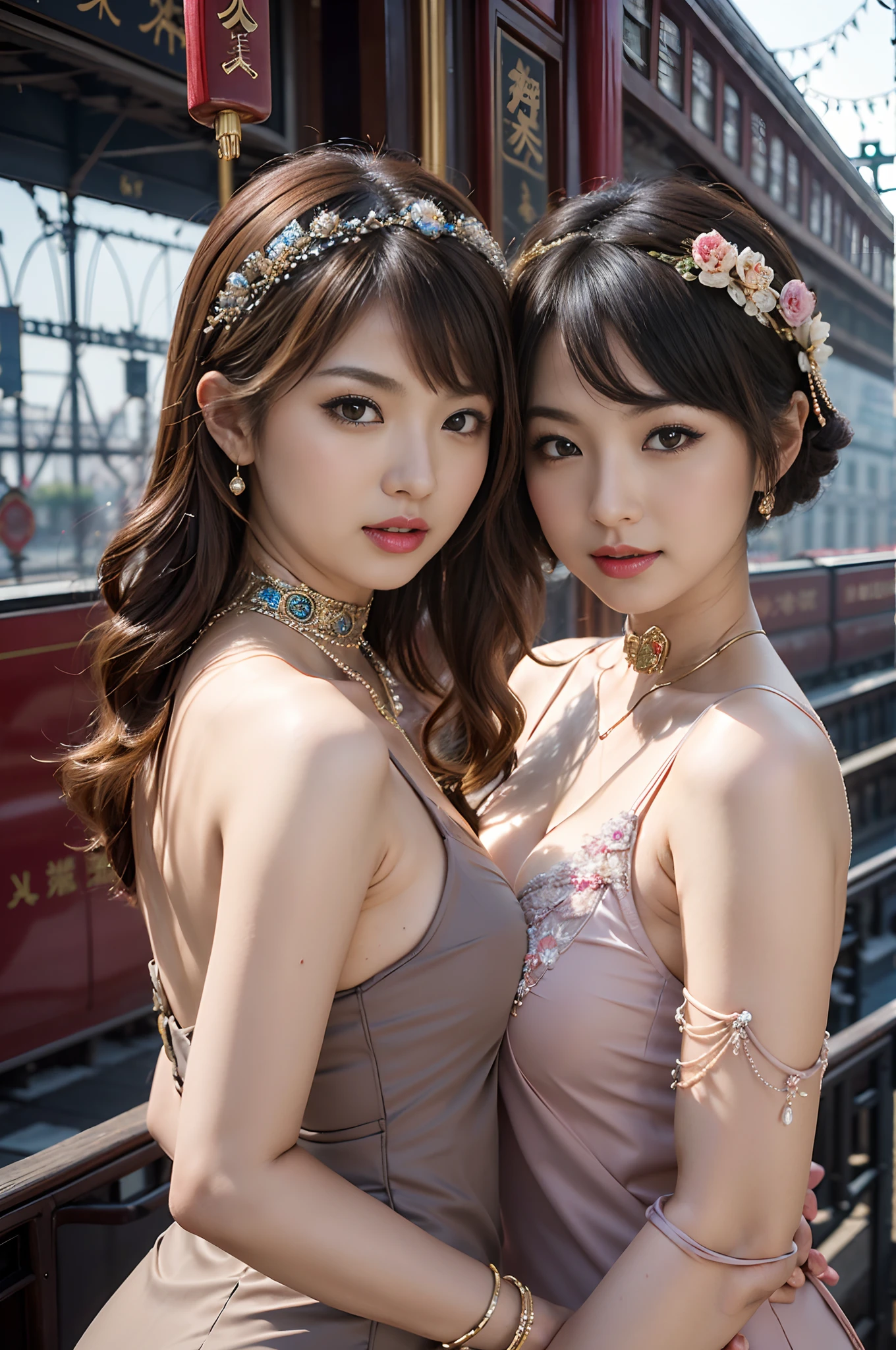 Two beautiful girls,leering:1.4, Lovers, Lesbians,(In the 1920s at the Shanghai Railway Station,Vintage train background:1.6),(Taoist hairstyle,Giant hair sticks:1.6,Oylan hair accessories,armlets, bangle:1.3),Dodge kisses,bauhause, bulgari, official valentino editorial,half-open lips, Suck your lips firmly, Drooling, elegant, Brilliant, Beautiful, Blush (0.2), Gorgeous, Beautiful, Gorgeous, gentle, Starry sky, Milky Way, Summer triangle, Tanabata and bamboo ornaments, Precise drawings, a detailed drawing,