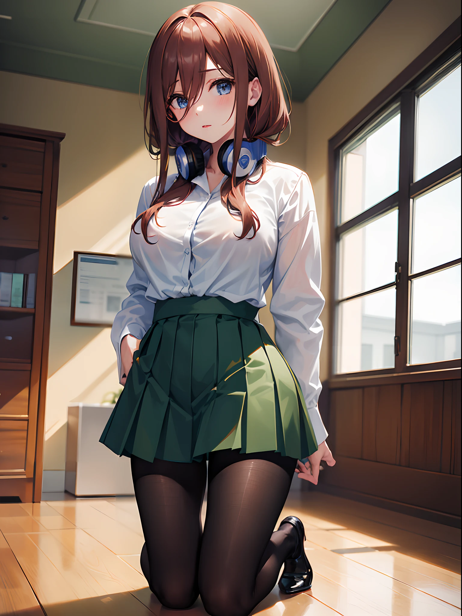 (((masterpiece, best quality, highres))), nm1, headphones around neck, brown hair, blue eyes, blush, school uniform, white shirt, collared shirt, long sleeves, (green miniskirt, green pleated miniskirt), ((pantyhose, black pantyhose, see through)), large breast, (cleavage), large , indoors, (sitting, on knees, kneeling down), classroom, blur background, ((cowboy shot)), alluring face, 4k