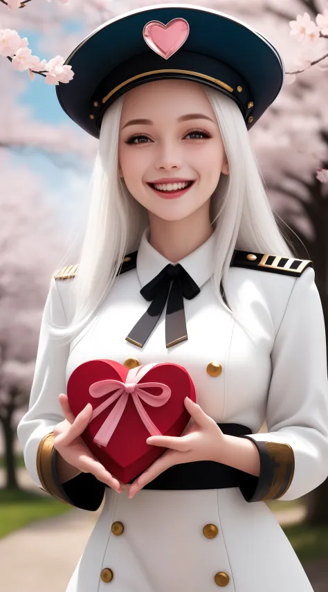 vibrant colors, girl, masterpiece, sharp focus, best quality, depth of field, cinematic lighting, ,white captain outfit, hat, long hair, white hair, red eyes, laughing, smile, medium breasts, cherry blossom, outdoors, holding gift, giving gift, holding hea...
