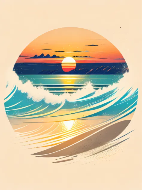 Sunset on the beach, white sand, epic composition, t-shirt design, rzminjourney, vector art