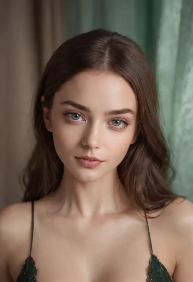 arafed woman, sexy girl with green eyes, portrait sophie mudd, brown hair and large eyes, selfie of a young woman, bedroom eyes, violet myers, without makeup, natural makeup, looking directly at the camera, face with artgram, subtle makeup, stunning full b...