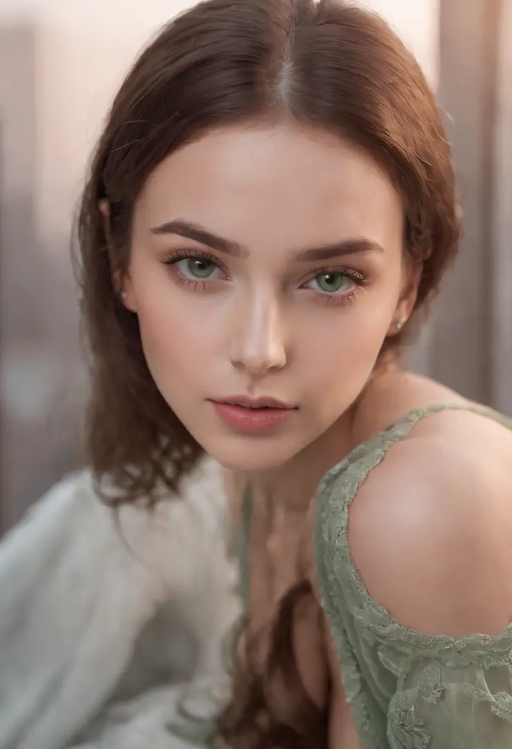 arafed woman, sexy girl with green eyes, portrait sophie mudd, brown hair and large eyes, bedroom eyes, violet myers, without makeup, natural makeup, looking directly at the camera, face with artgram, subtle makeup, stunning full body shot, piercing green ...