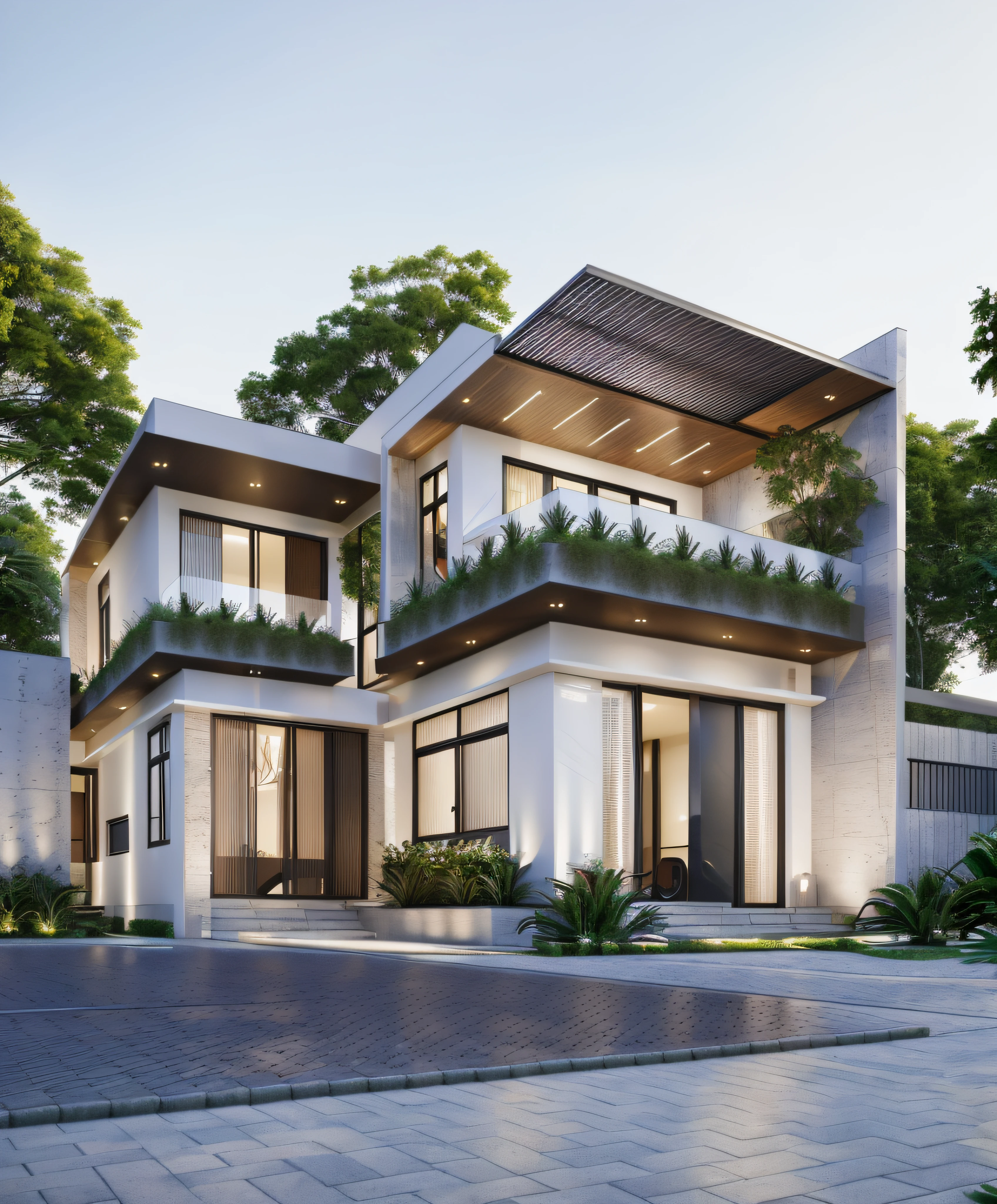 A View Of A Modern Home With A Large Front Yard, Main Material By White 