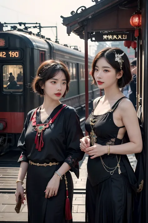 two beautiful girls,leering:1.4, lovers, lesbians,(in the 1920s at the shanghai railway station,vintage train background:1.6),(t...