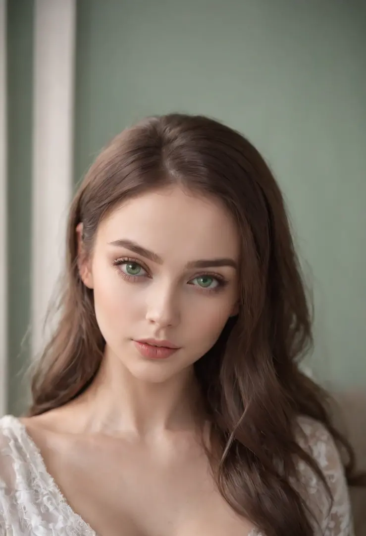 arafed woman, sexy girl with green eyes, portrait sophie mudd, brown hair and large eyes, selfie of a young woman, bedroom eyes, violet myers, without makeup, natural makeup, looking directly at the camera, face with artgram, subtle makeup, stunning full b...