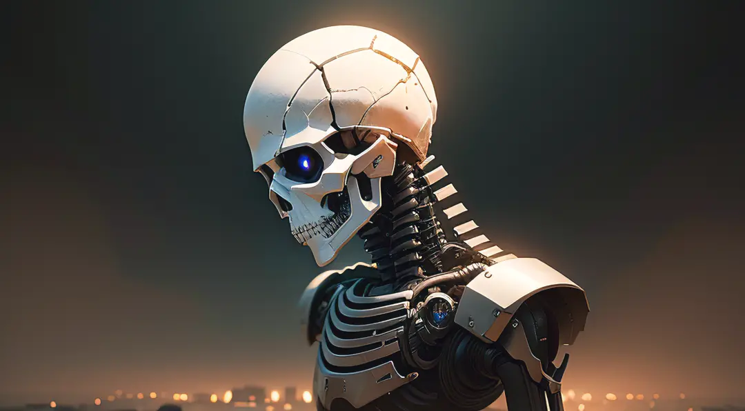AI Robotic skull overlooking the fall of humanity
