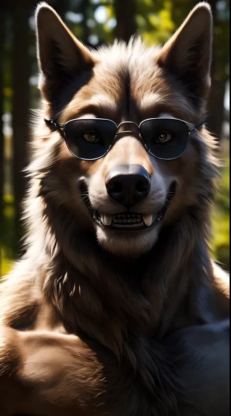 (melhor qualidade, 4k, 8k, Alto, master part:1.2), ultra-detalhado, (Realistic, Foto realista, photo-realistic:1.37) A very nice werewolf looking at the viewer wearing a sunglasses and smiling for the camera