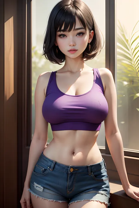 ((top-quality))、((​masterpiece))、realisticlying、女の子 1 人、A dark-haired、bob cuts、Purple eyes、radiant eyes、(Colossal tits), T-shirt, croptop, Shorts,
