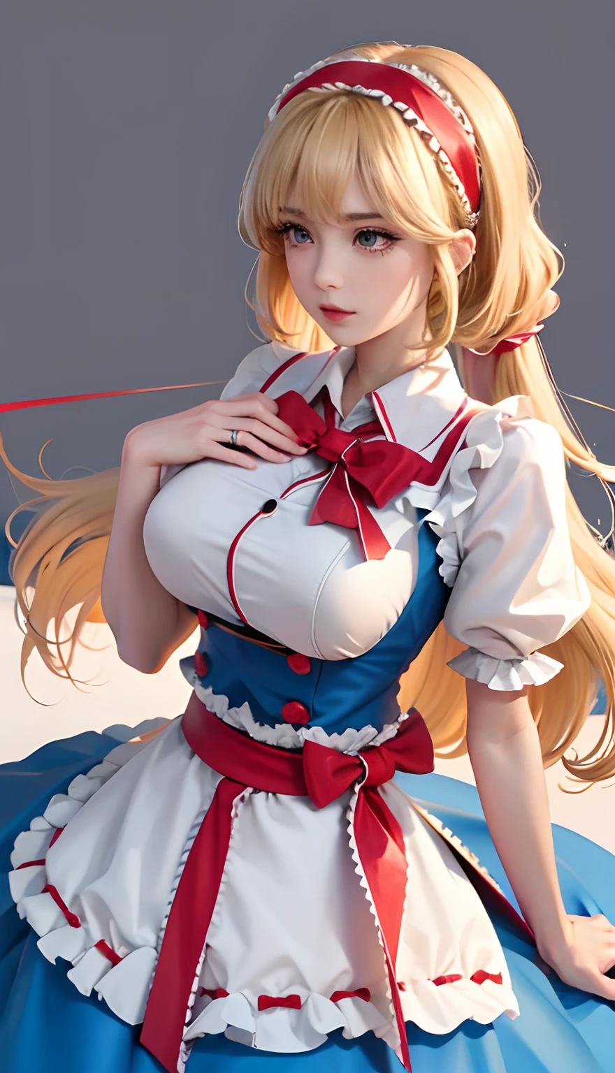 (8K), Sharp Focus, hight resolution, 1girl in, Alice, Upper body, Alice Def, Blonde hair, (sash, Bow, Hair Band), huge-breasted, Dress, (High quality:1.2), (high detailing:1.2), (masutepiece:1.2), (Extremely detailed:1.2),