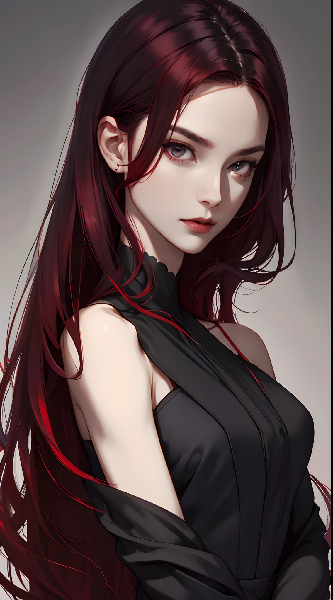 a pregirl，black gown，conservativelydressed，red tinted hair，Cover half of your face，hair pin，minimalistic background,high detal，high qulity，Good atmosphere，delicated，cg render，detail render，8K high-definition，(Delicate facial portrayal)(High fineness)(a sense of atmosphere)（half-body portrait）
