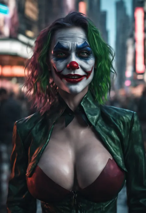 New York, time square, Joker Girl 25 years old, macabre, horror, Sharp mouth teeth, full body shot, tight clothes, technological details, Authentic background, (realism: 1.5), (Realisitc: 1.4), (Absurdity:1.4 ), 8k, ultra-detailed, detailed, (full breasts: 1.3), (One only: 1.4 only), (Viewer facing: 1.3),