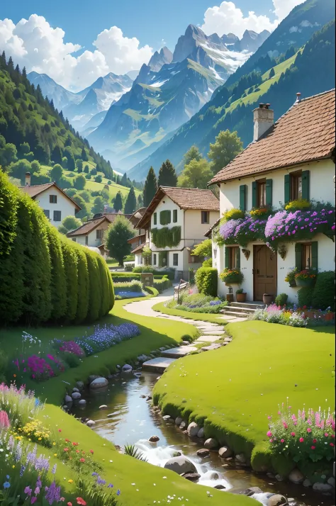 Peaceful and idyllic countryside, Rolling green hills dotted with grazing sheep, Charming villa，Set amidst vibrant flowers, Clear blue sky overhead, Evokes a sense of peace and simplicity, Valle encantador, switzerland, patches of green fields, lush countr...