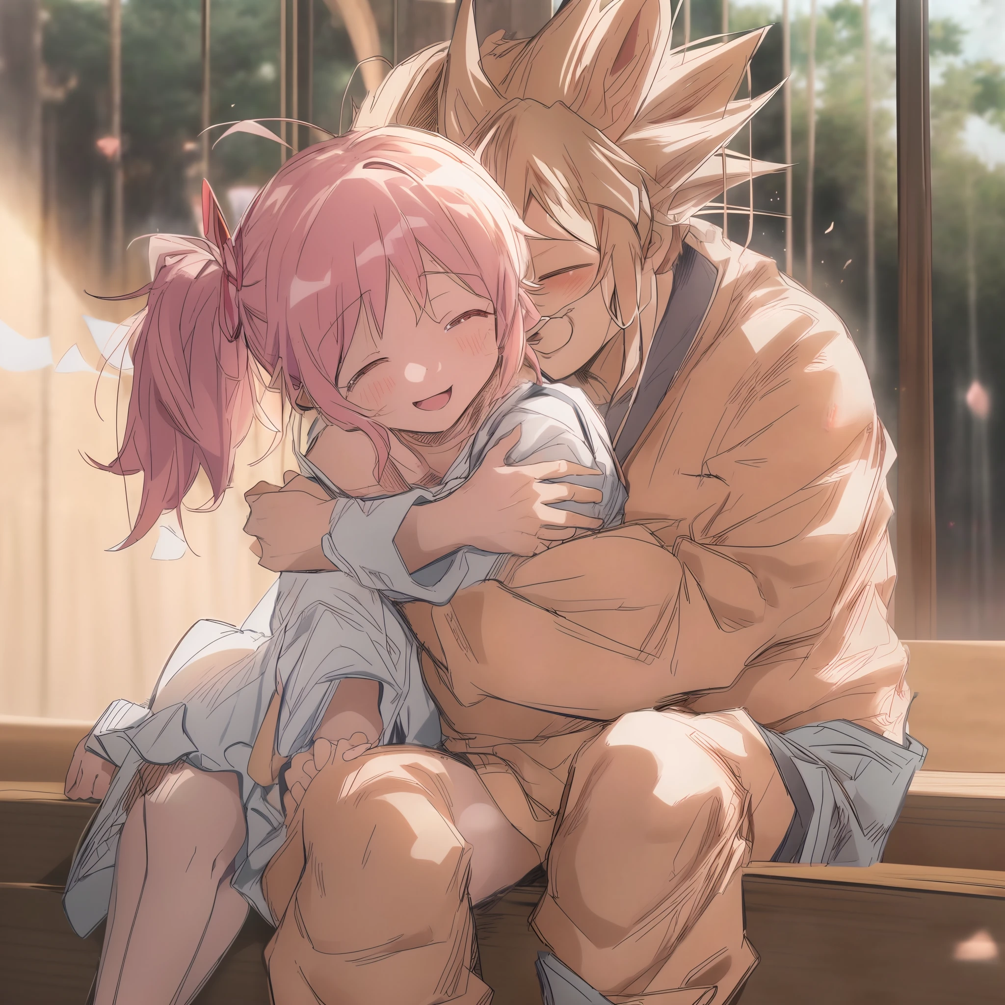 madoka,son goku,couple,husband and wife,love dovey couple,sitting,hug,,smile,(best quality,4k,8k,highres,masterpiece:1.2),ultra-detailed,hug