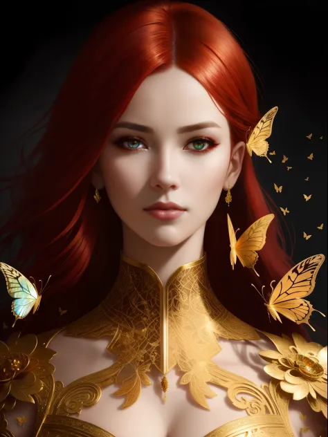8k portrait of beautiful cyborg with red hair, intricate, elegant, highly detailed, majestic, digital photography, art by artgerm and ruan jia and greg rutkowski surreal painting gold butterfly filigree, broken glass, (masterpiece, sidelighting, finely det...