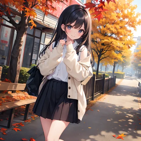 1girl in、1人、Dark hair、The long-haired、Black eyes、frontage、full bodyesbian、stroll、校服、autumnal、a park、leaves falling、Colored leave...